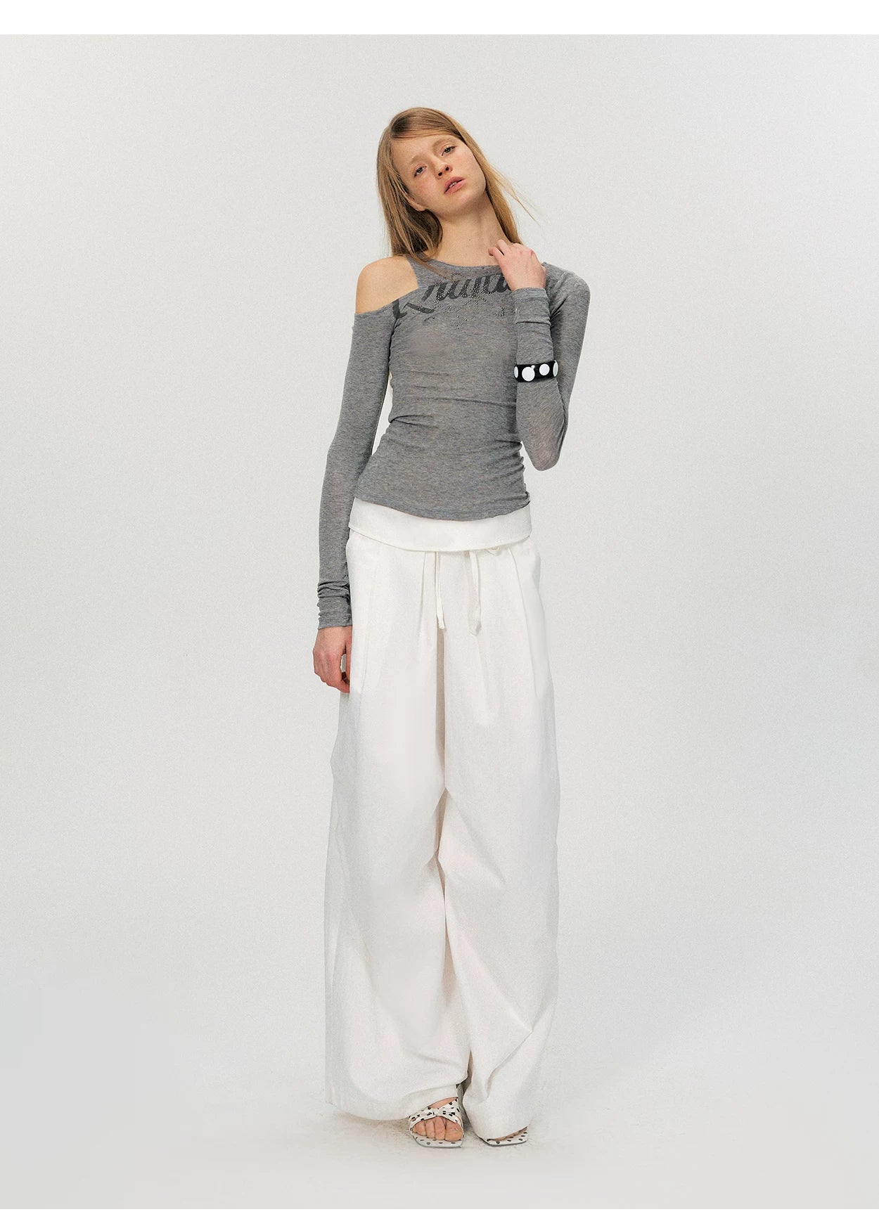 Asymmetric Rhinestone Graphic Cut-Out Slim Fit Top