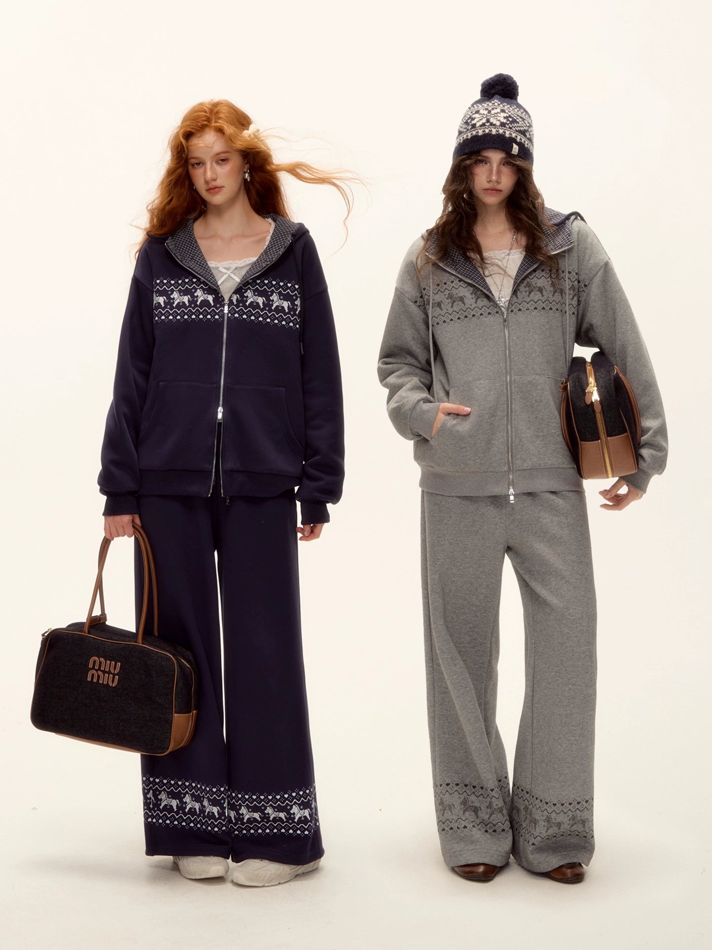 Zip-up Plaid Hoodie & Wide-Leg Pants Set