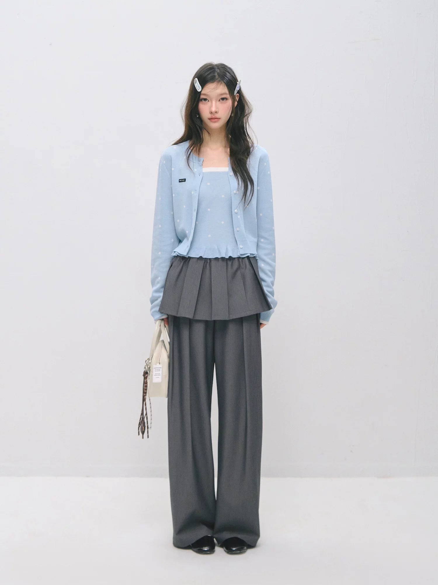 Detachable Pleated Overlay Tailored Wide-Leg Trousers