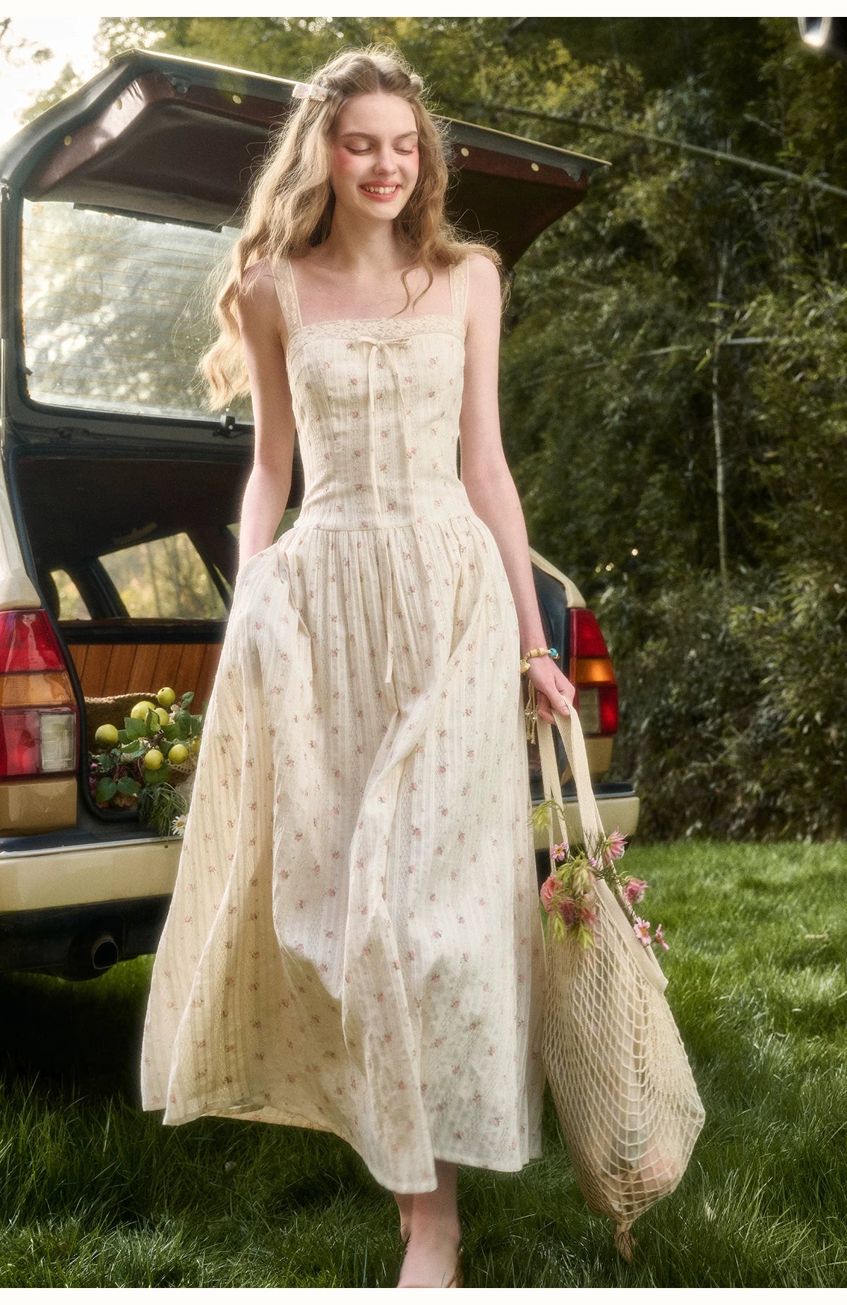 Vintage French Lace Cotton Floral Maxi Dress