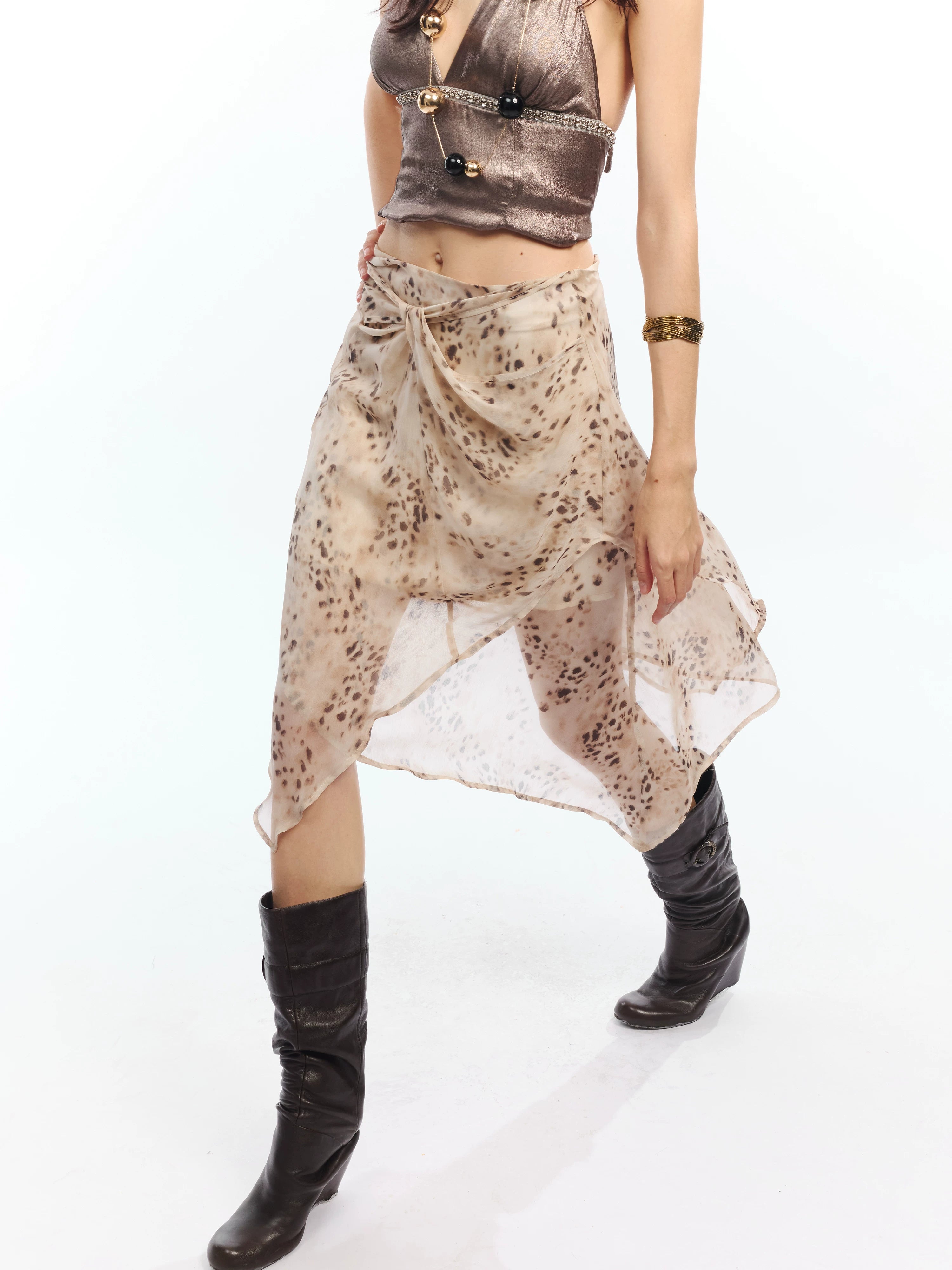 Vintage Asymmetric Leopard Print Knotted Midi Skirt