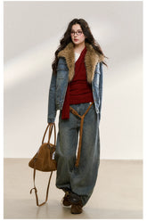 Faux Fur Collar Denim Jacket - CHINASQUAD