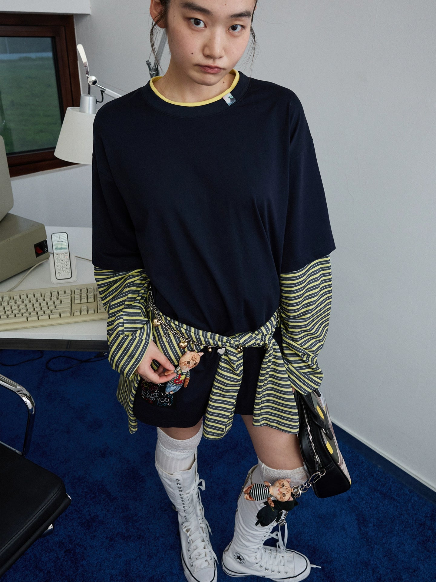 Fake Two-Piece Contrast Color Loose Striped T-Shirt - CHINASQUAD