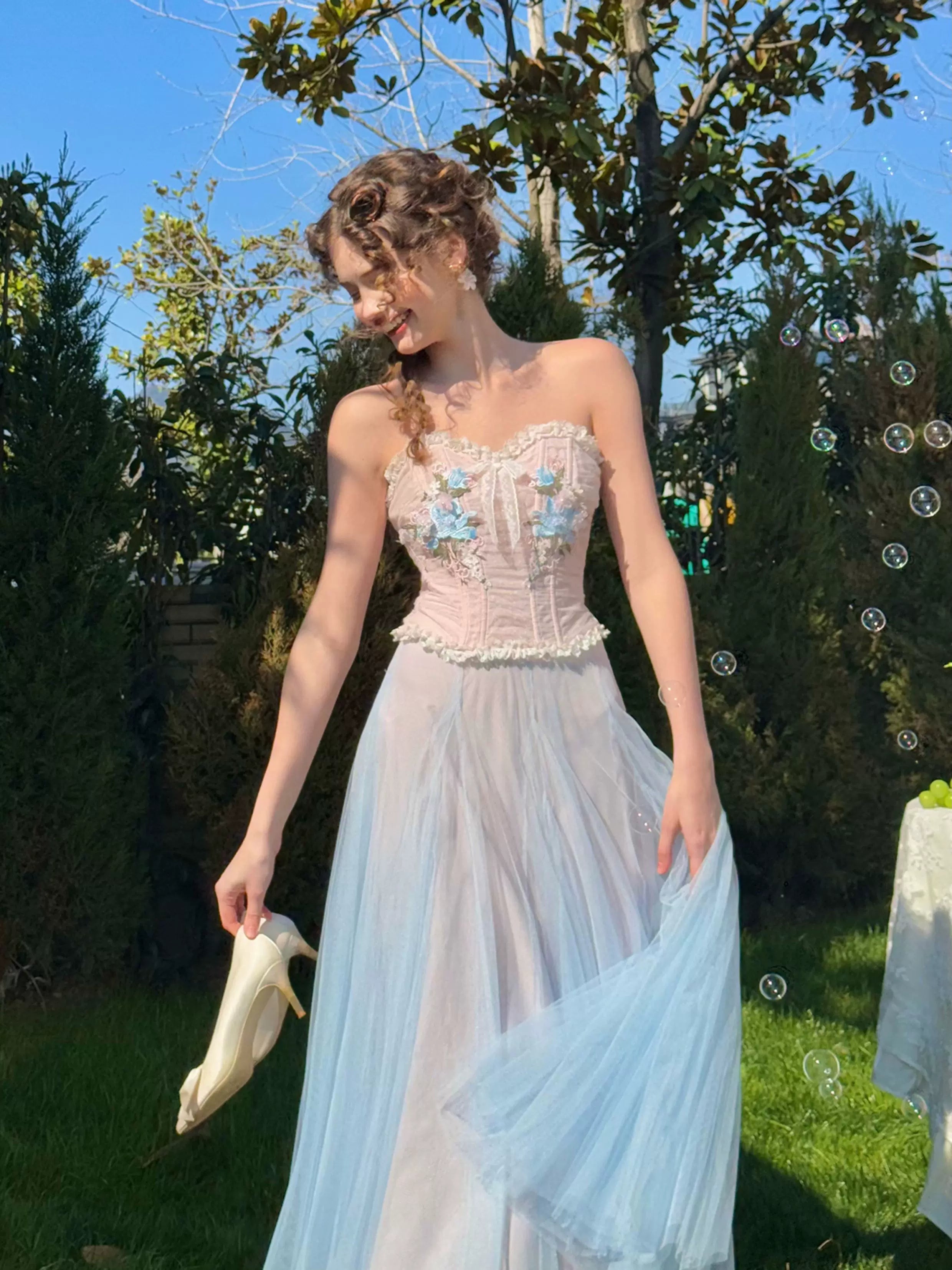 Blue Lily Strapless Corset Top & Mesh Skirt Set