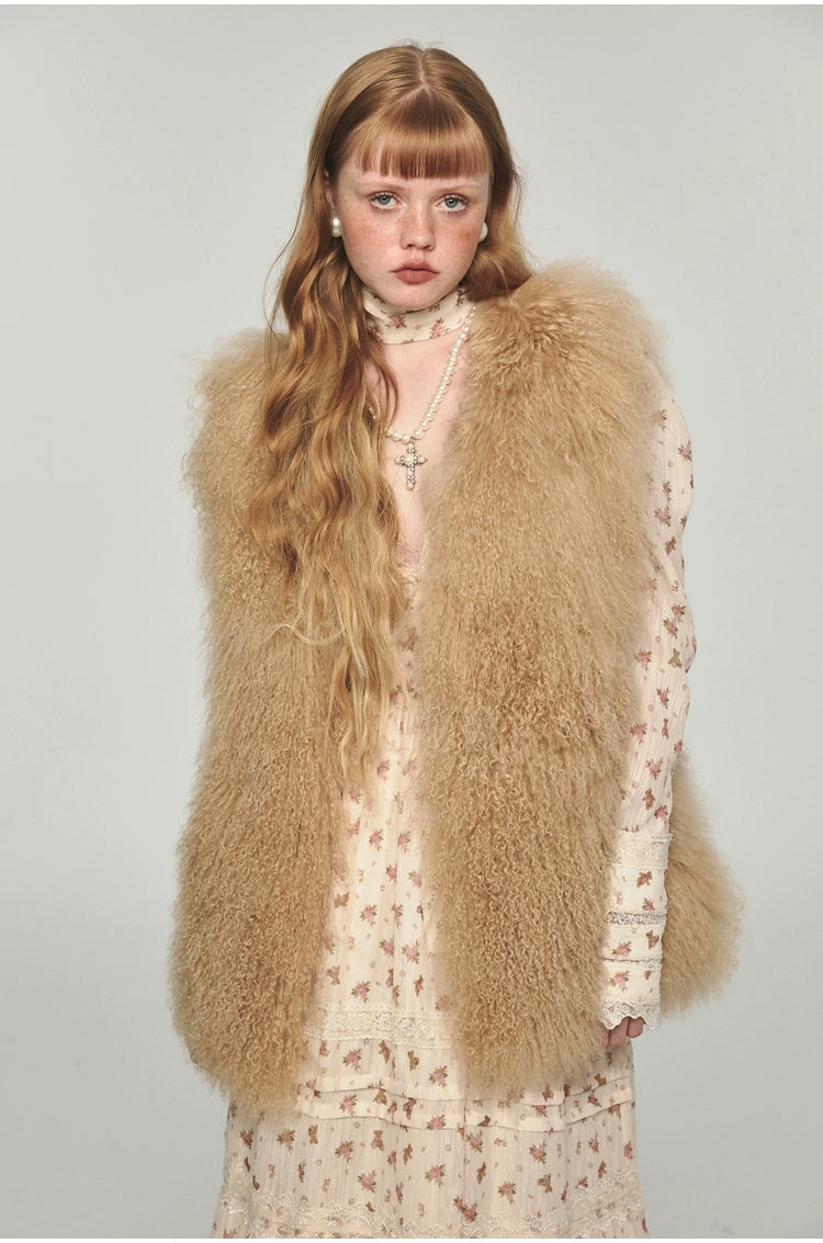 Camel & Black Wool Straight-Cut Furry Vest - CHINASQUAD