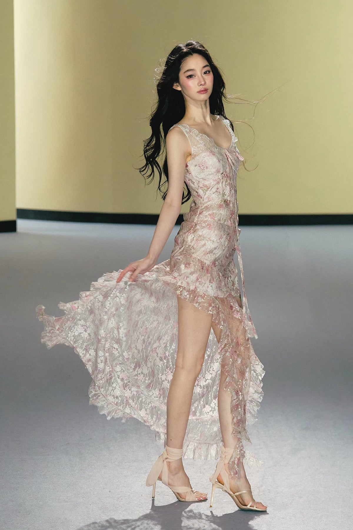 Misty Blush Lace-Panel Slip Maxi Dress