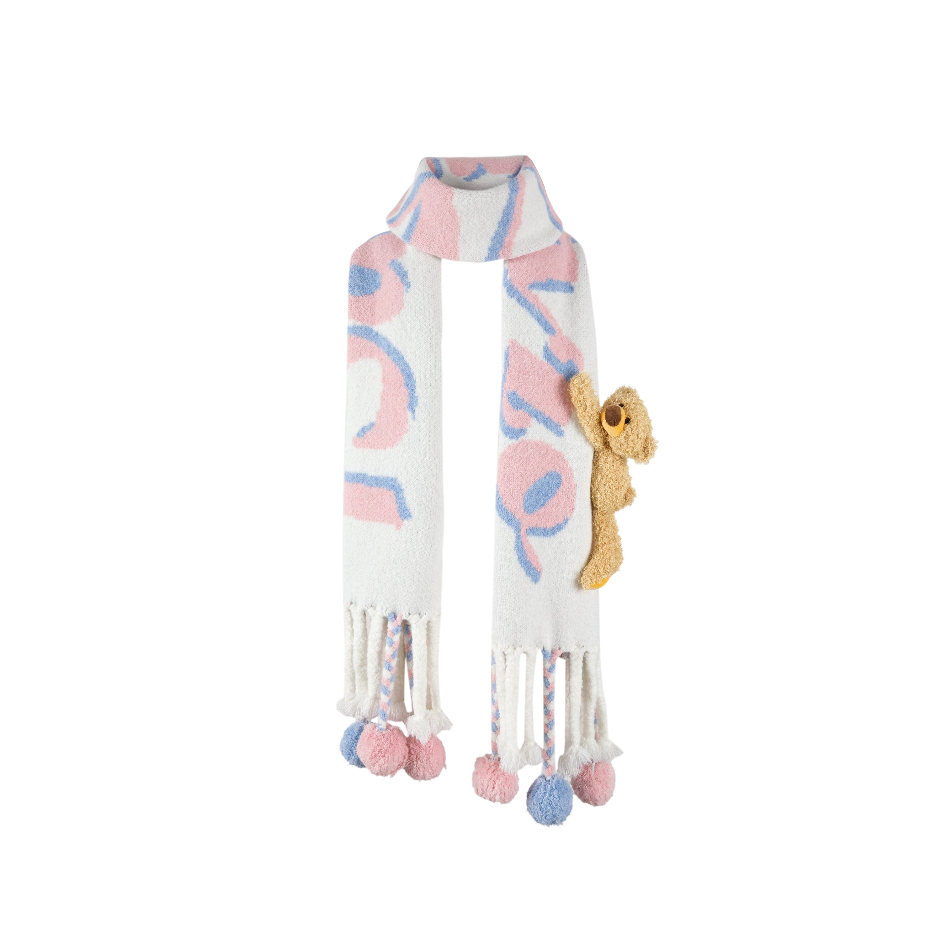 Jacquard Pom-Pom Knit Shawl Scarf