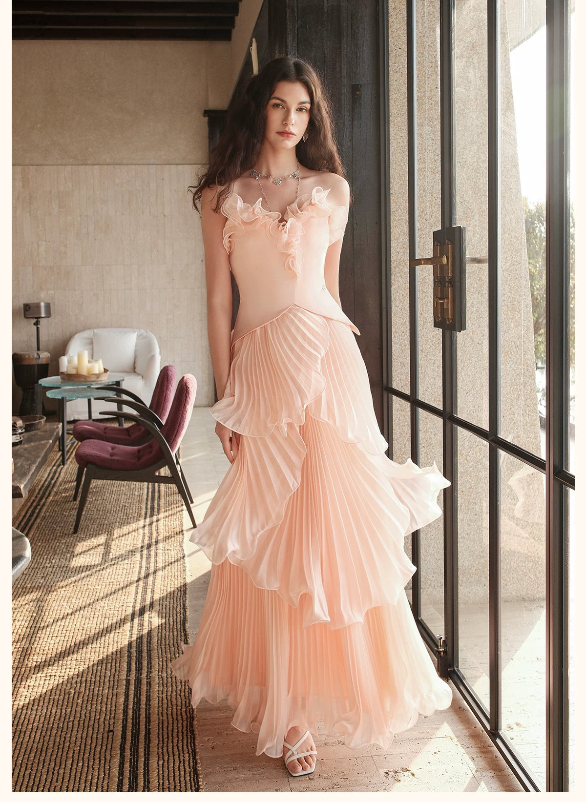 فستان ماكسي مطوي بدون حمالات