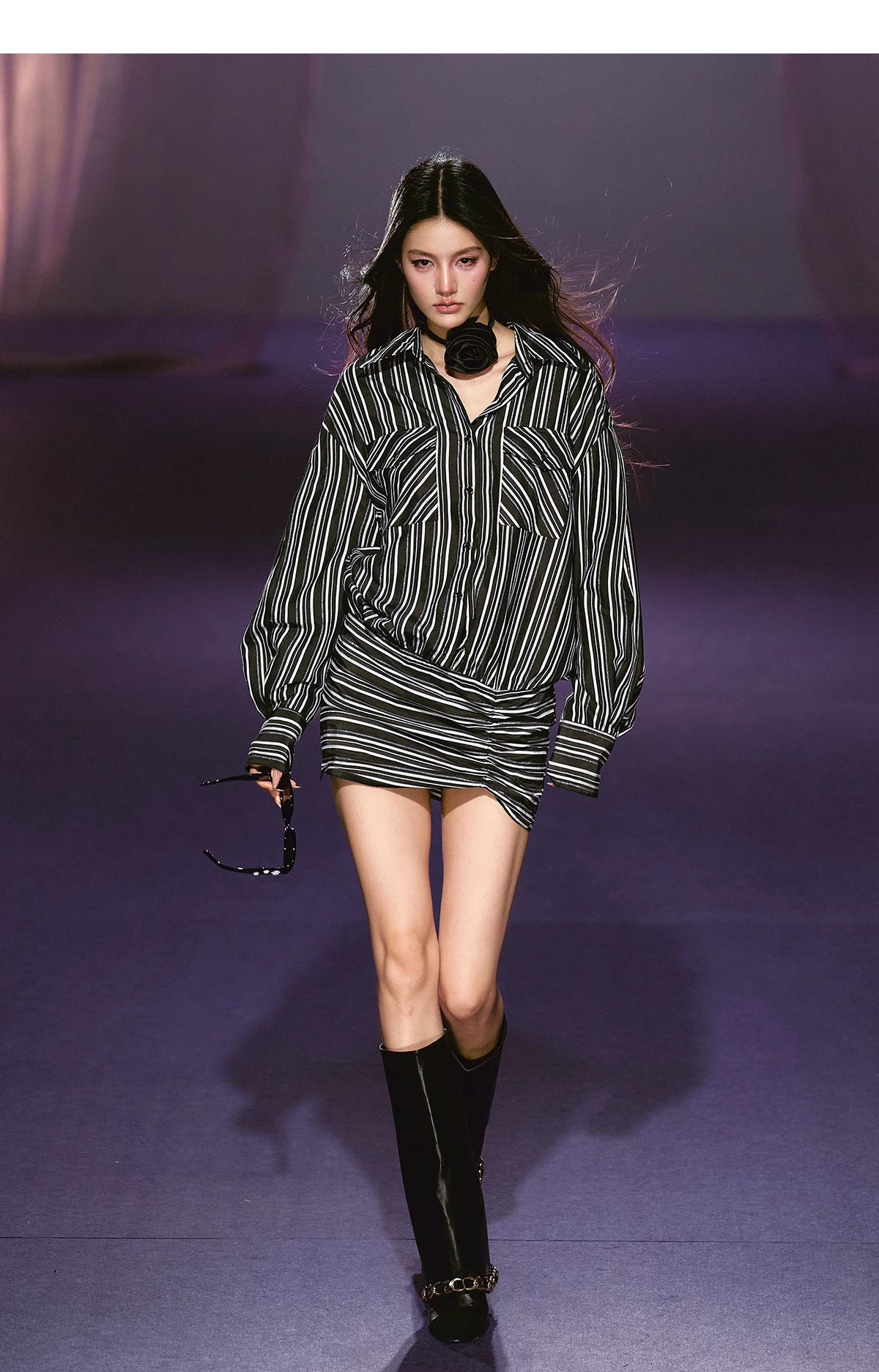 Striped Relaxed Shirt Dress with Satin Flower Brooch