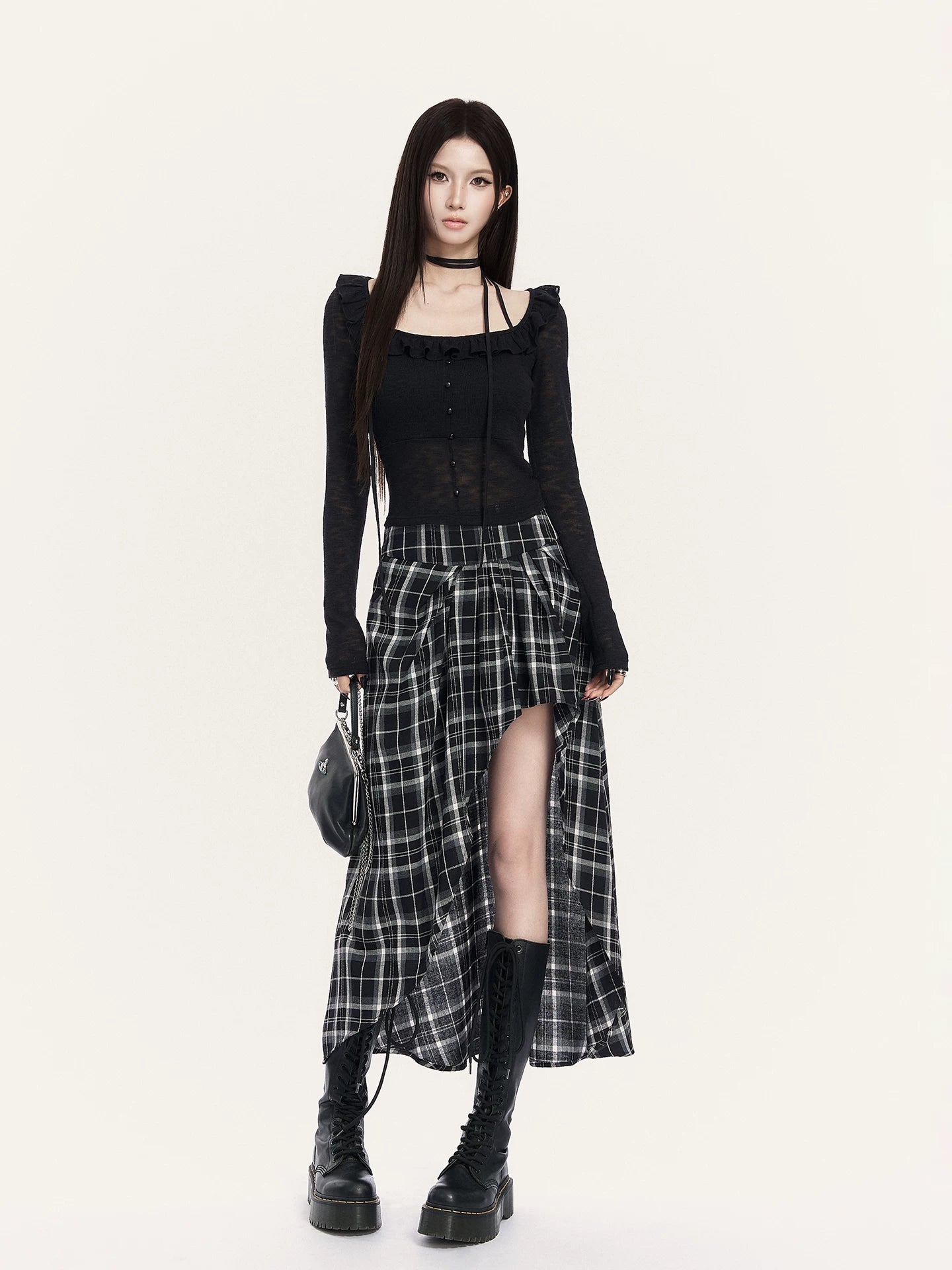 Rebel Check Asymmetric Midi Skirt