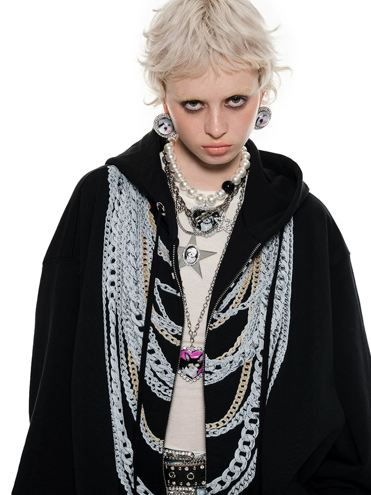 Black & White Oversized Chain Print Hoodie Cardigan - CHINASQUAD