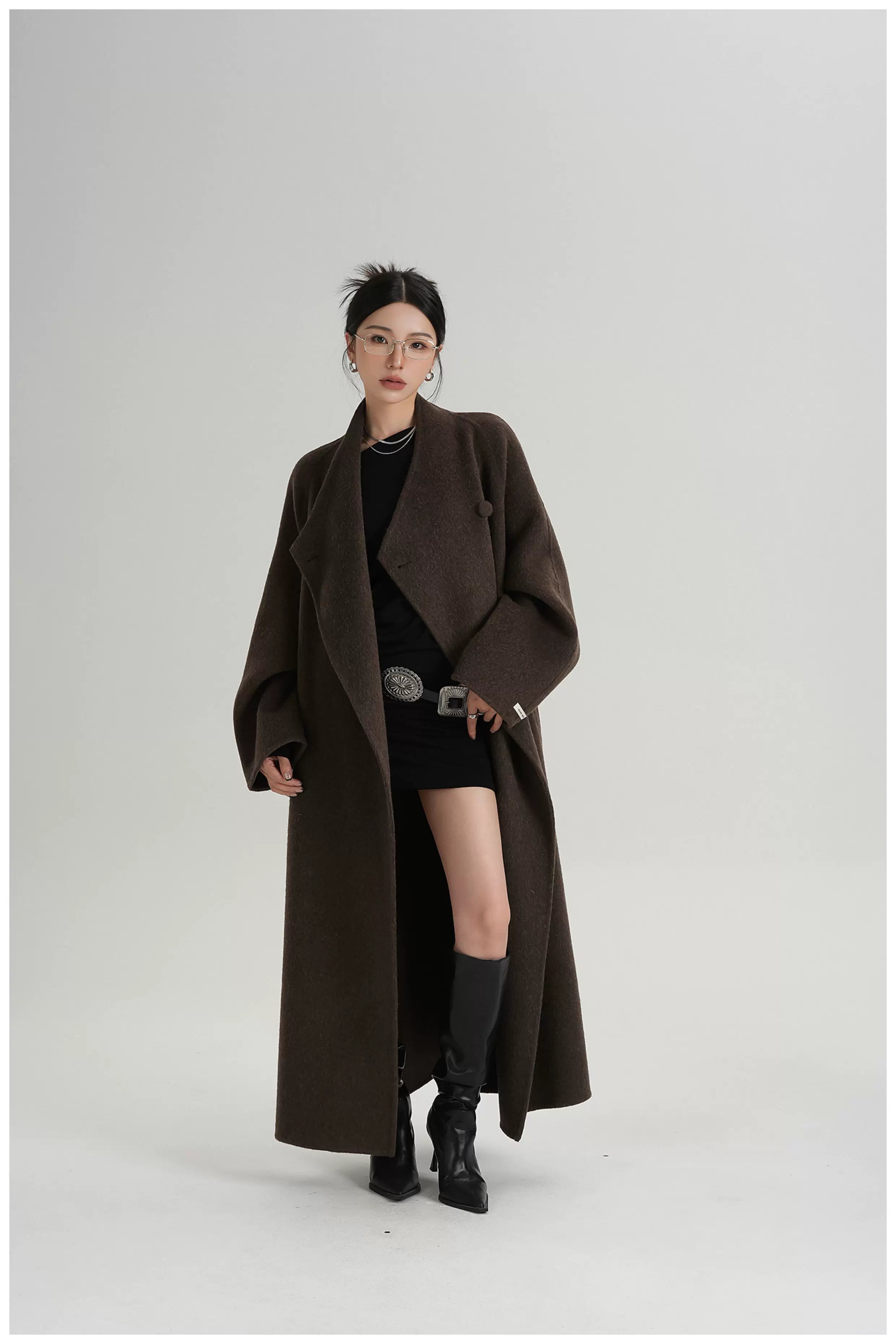 Asymmetric Button Long Wool Coat