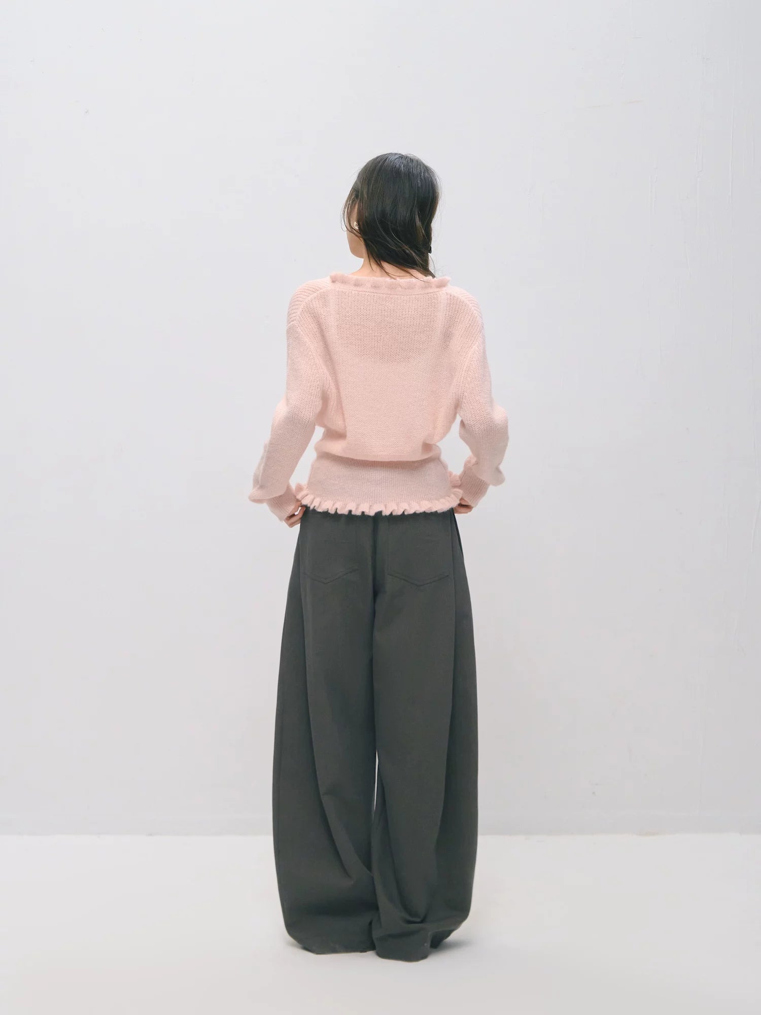 Deep V-Neck Ruffle Waist Cardigan