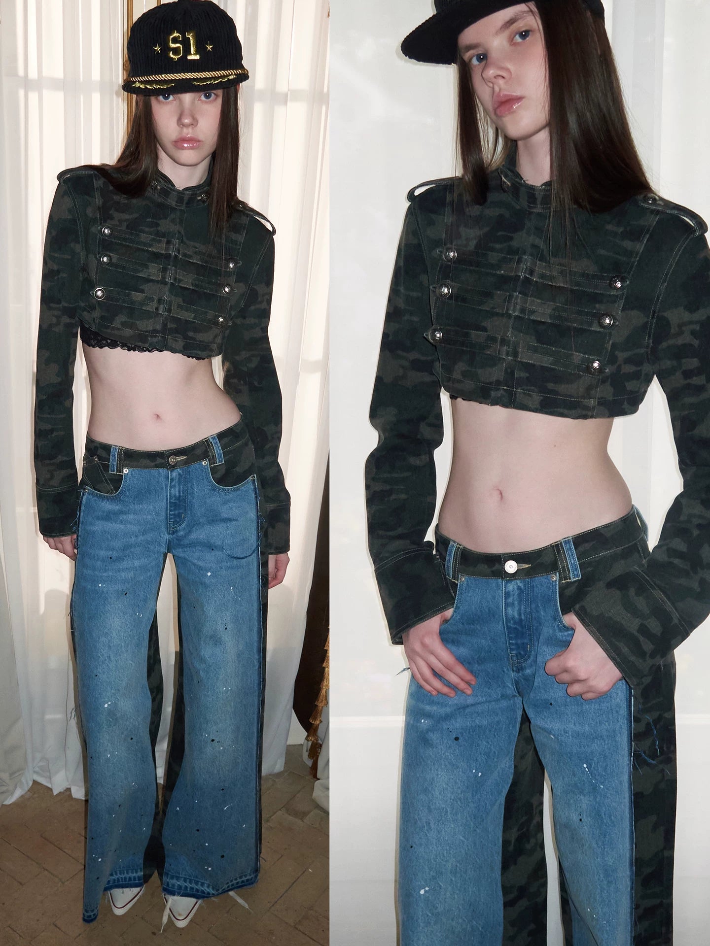Camouflage Double-Breasted Cropped Jacket & Shorts Set