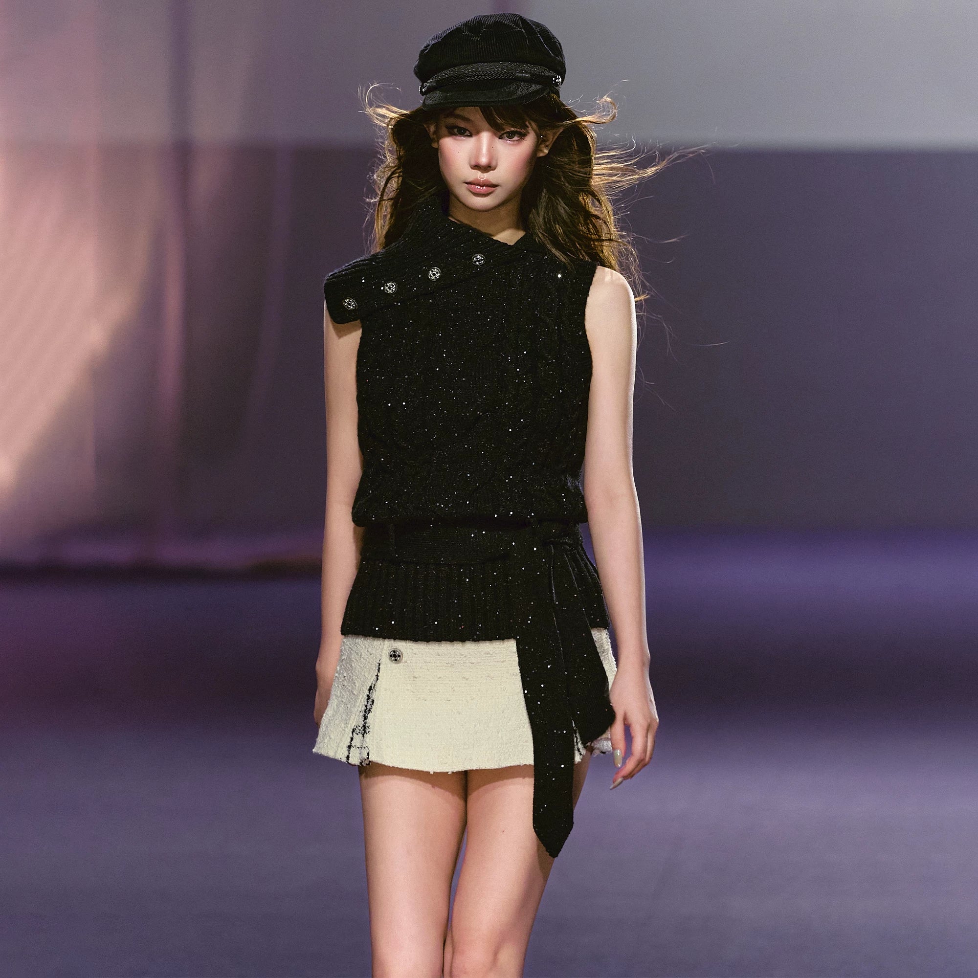 Vintage Sequin Cable Knit Collared Vest