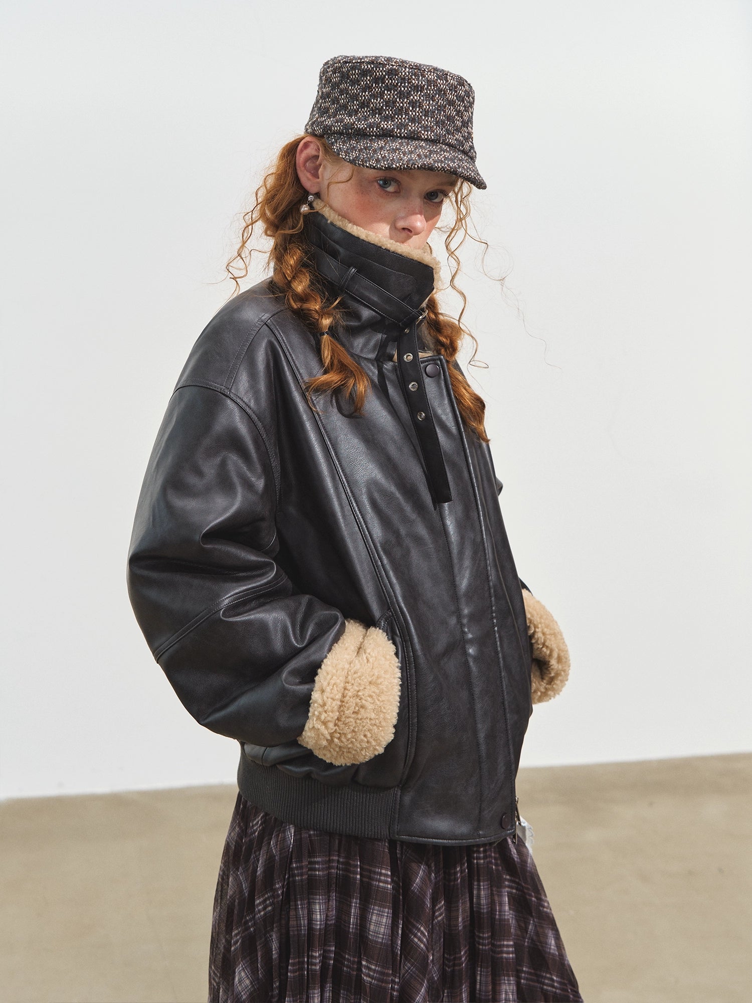 Lamb Wool Collar Faux Leather Biker Jacket - CHINASQUAD