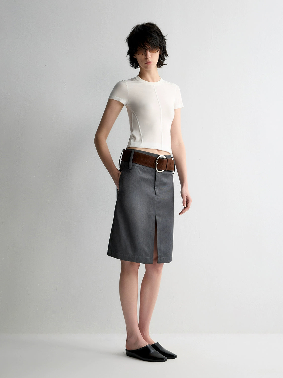 Grey Wool Double-layer Suit Midi Skirt - CHINASQUAD