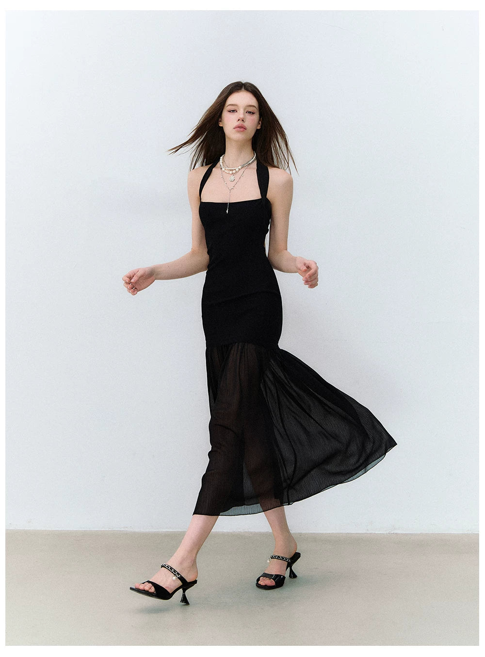 Dark Muse Spliced Mesh Halter Slim Long Dress