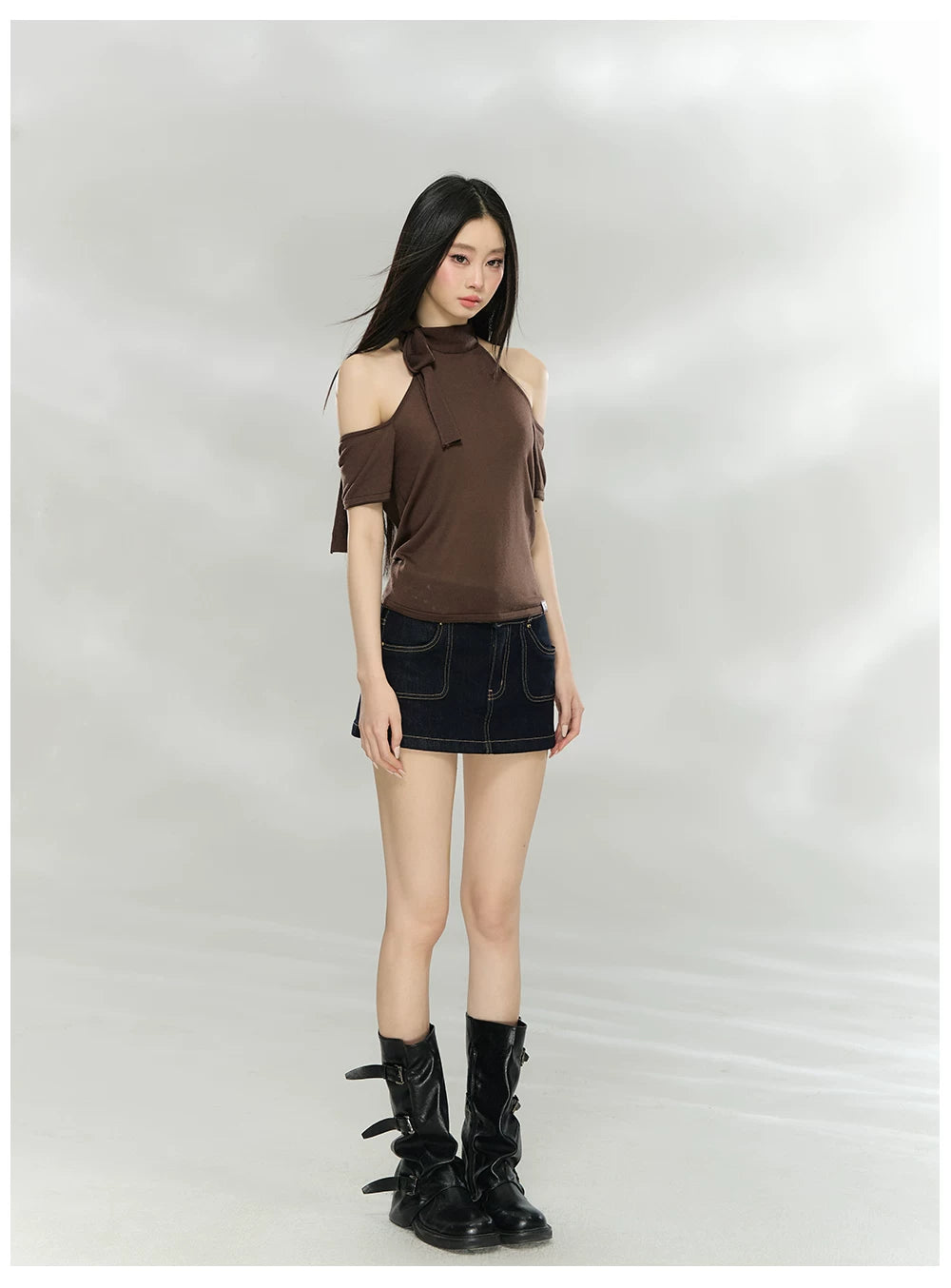 Off-Shoulder Patchwork Knit Cropped T-Shirt