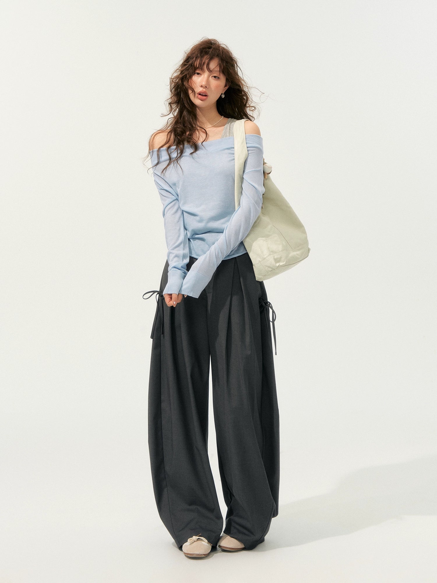 Fake Two-Piece Color-Block Draped Collar Knit Top - CHINASQUAD