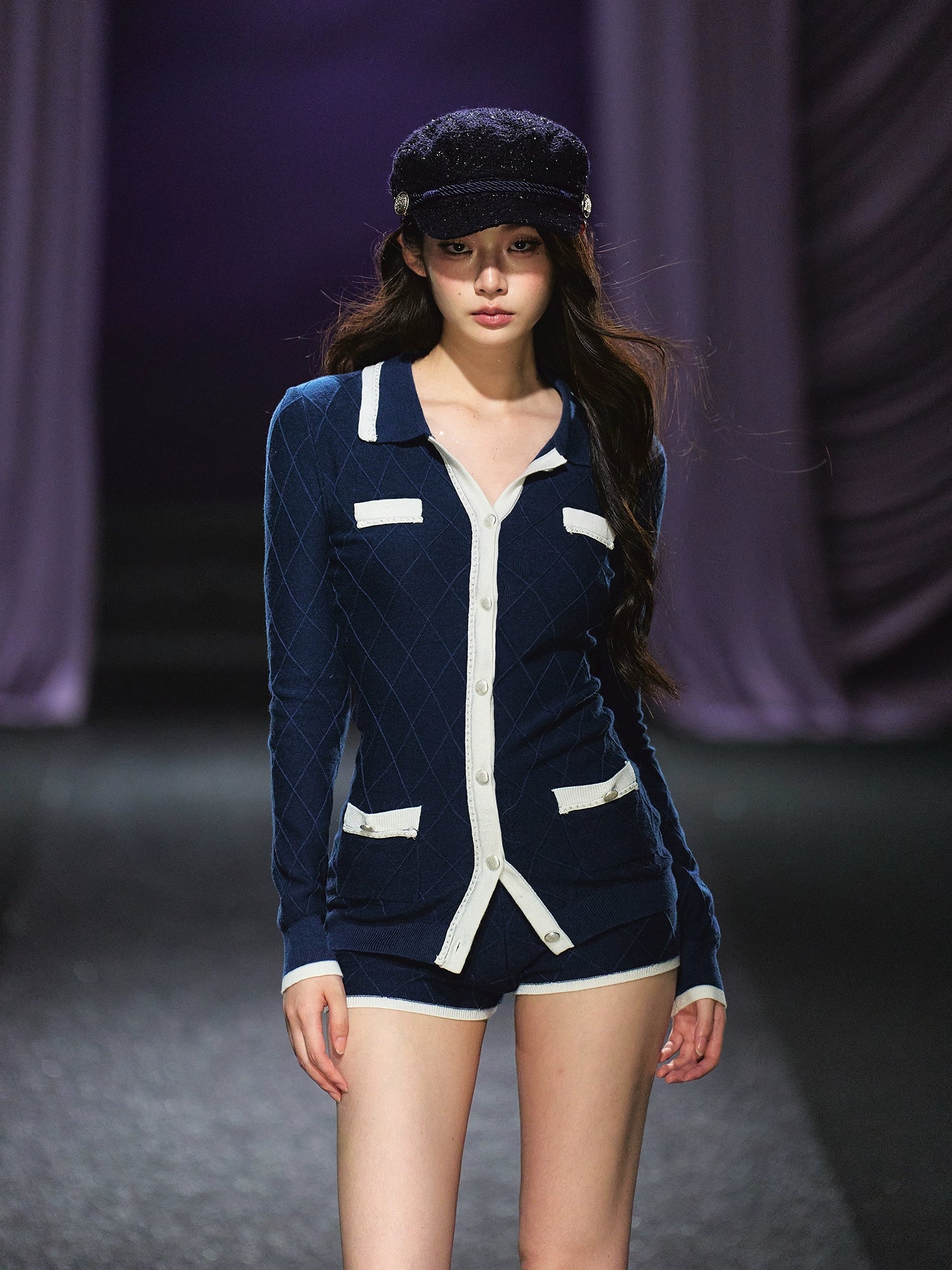 Tweed-Style Diamond Knit Cardigan & Shorts Set - CHINASQUAD