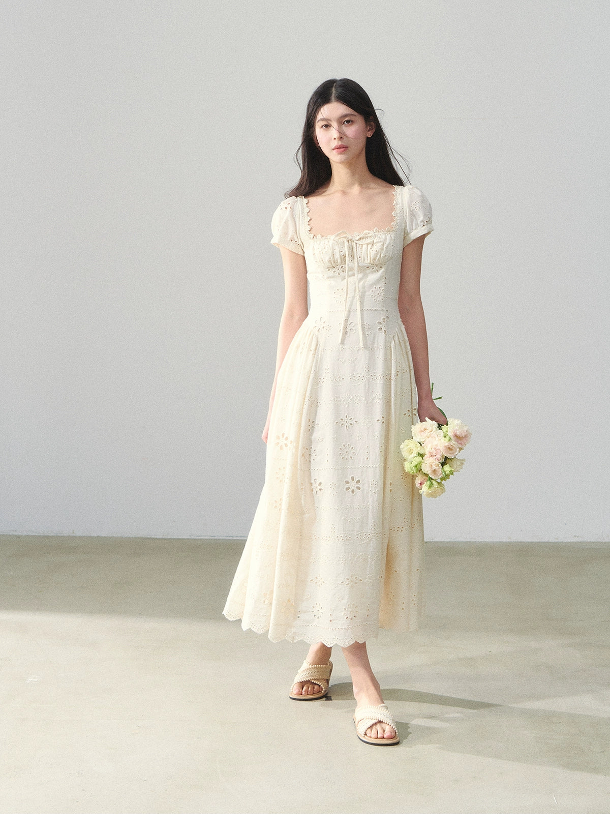 Square-Neck Embroidered Hollow Vacation-style Dress