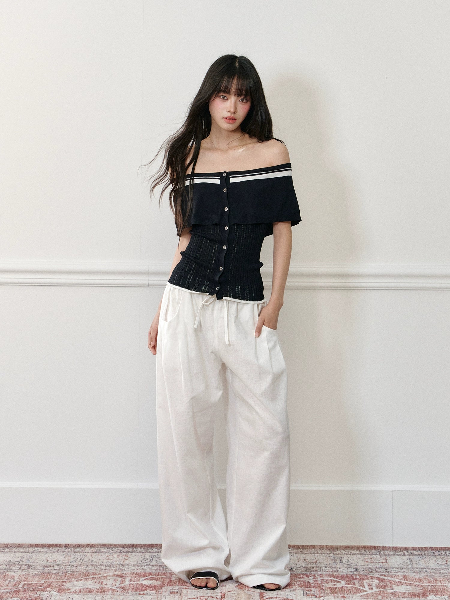 Color-block Off-shoulder Poncho-style Knit T-shirt - CHINASQUAD