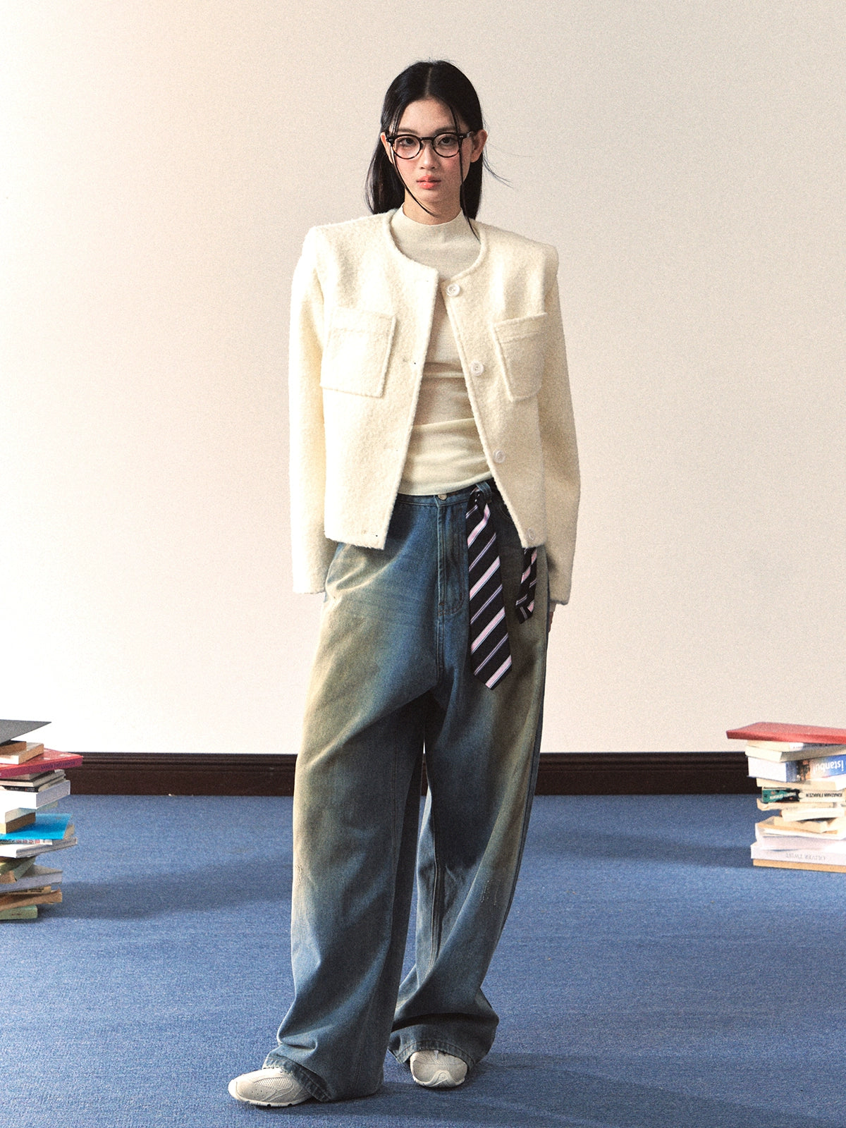 White Crewneck Elegant Chanel-Style Jacket - CHINASQUAD