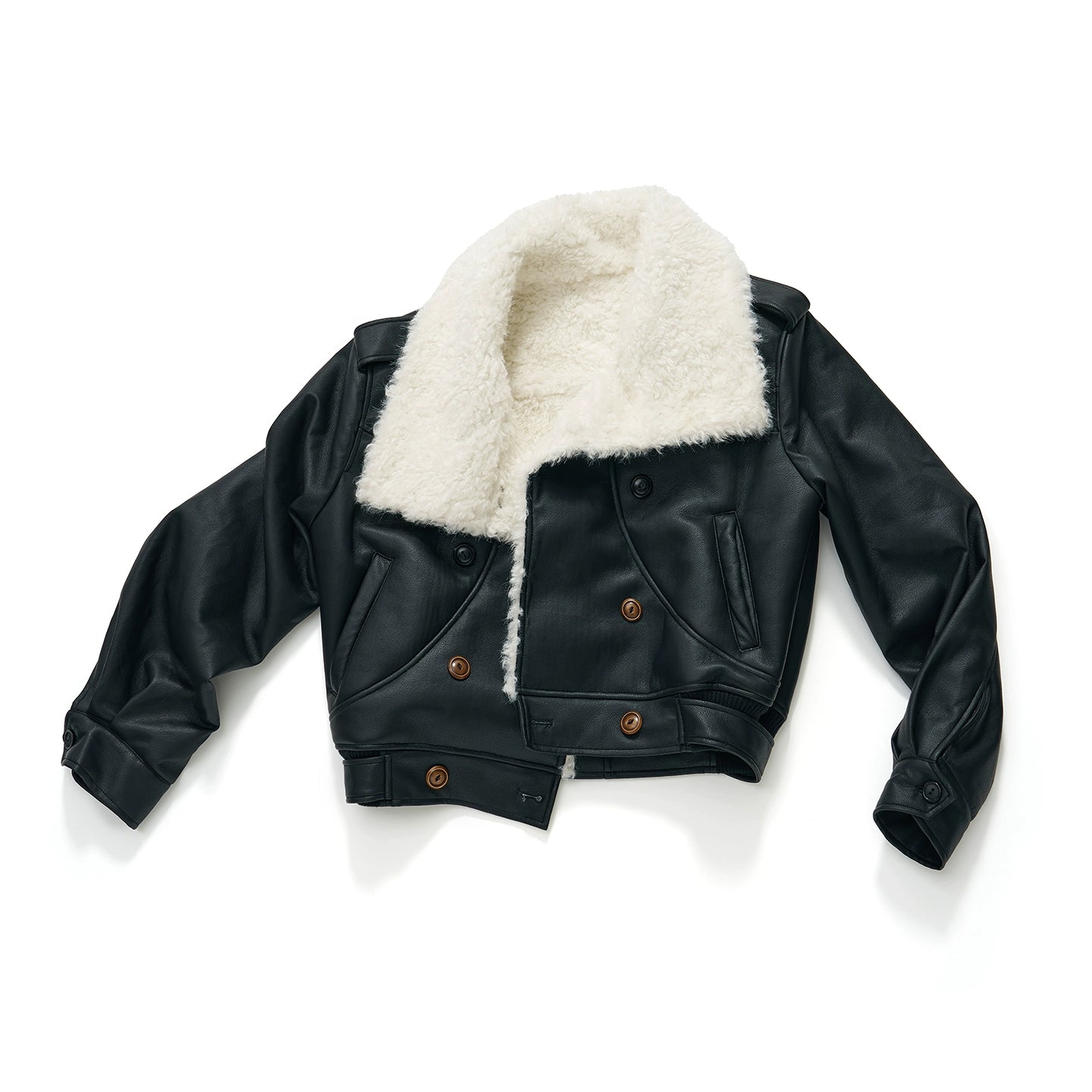 Black Faux Shearling Double-Breasted Leather Jacket