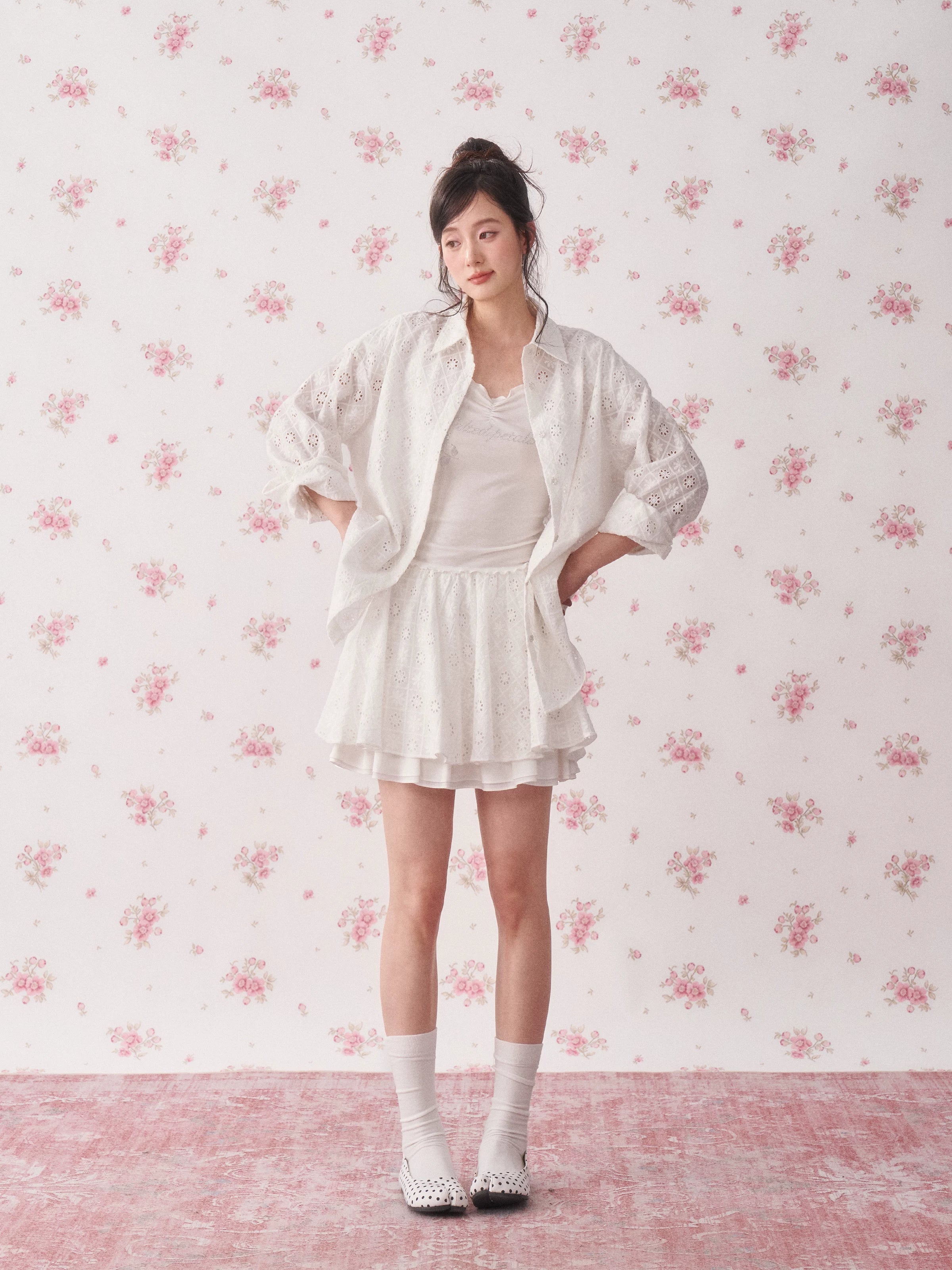 Lace Cutout Shirt & Pleated Skirt Set