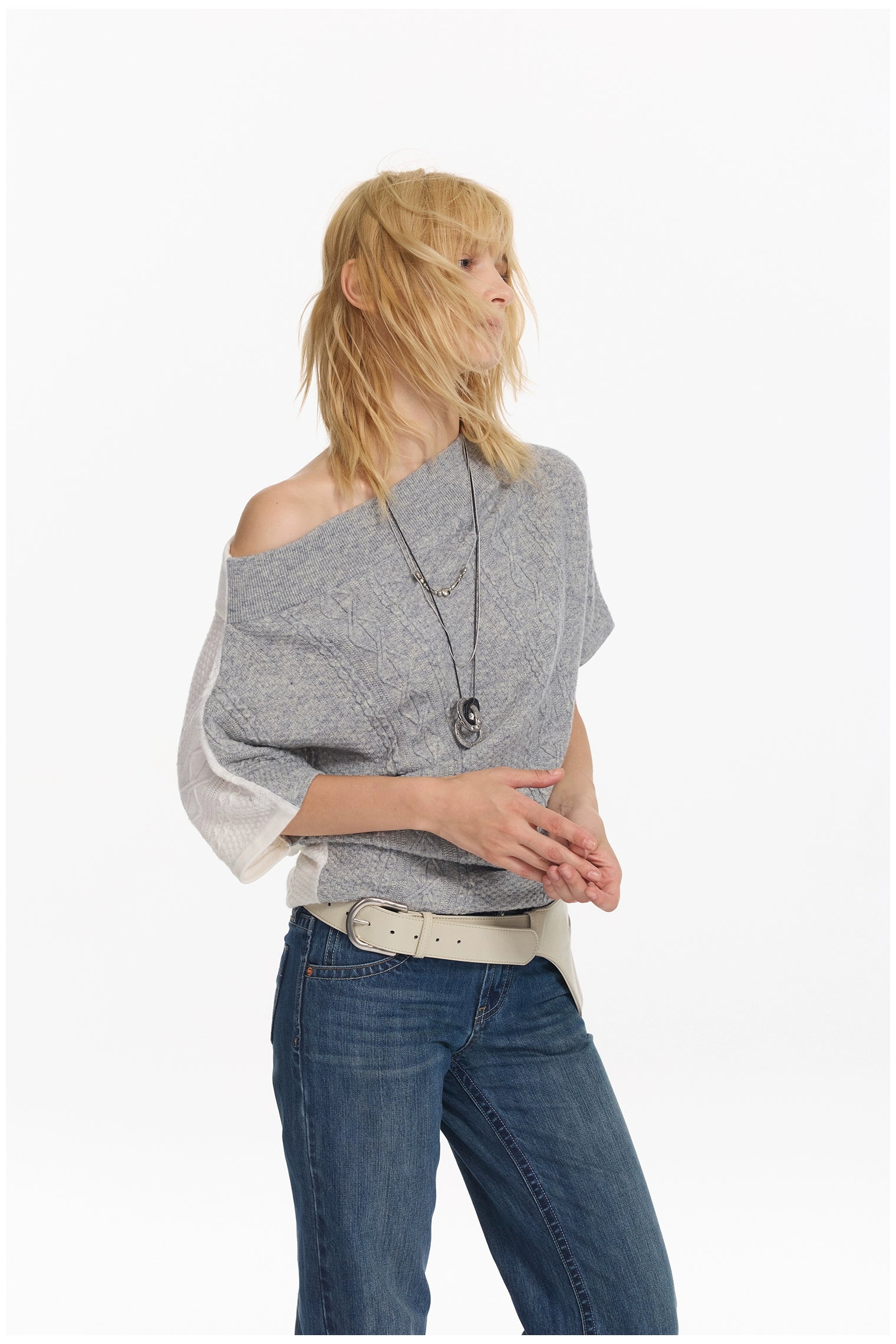 Diagonal Bat-Sleeve Knit Crewneck