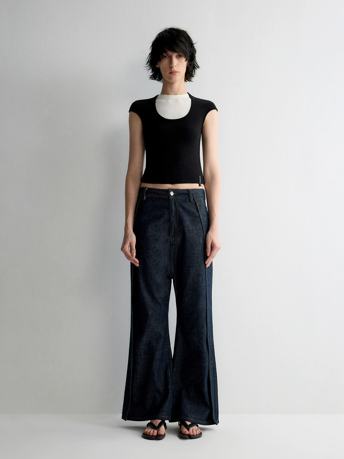Deep U-Neck Ruffled Short Sleeve T-shirt