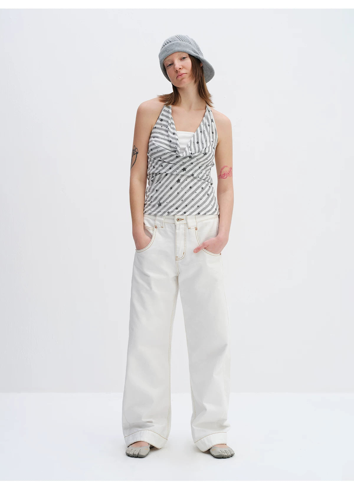 White Relaxed Fit 3D Cut Wide-Leg Denim Jeans