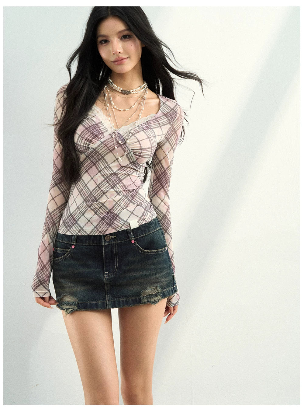 Studded Washed Denim Mini Skirt