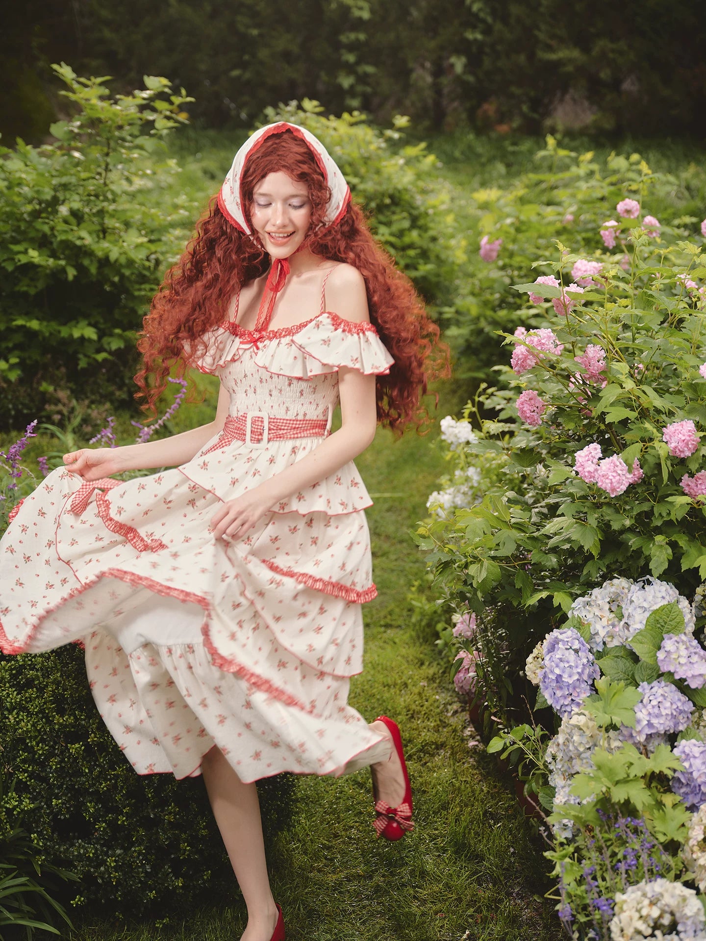 French Pastoral Floral Tiered Maxi Dress