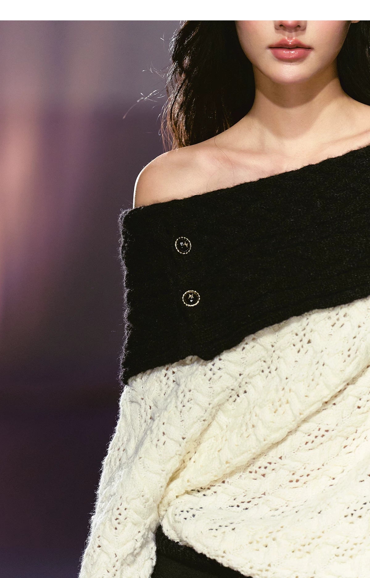 Batwing Sleeve Off-Shoulder Tweed Knit Crewneck