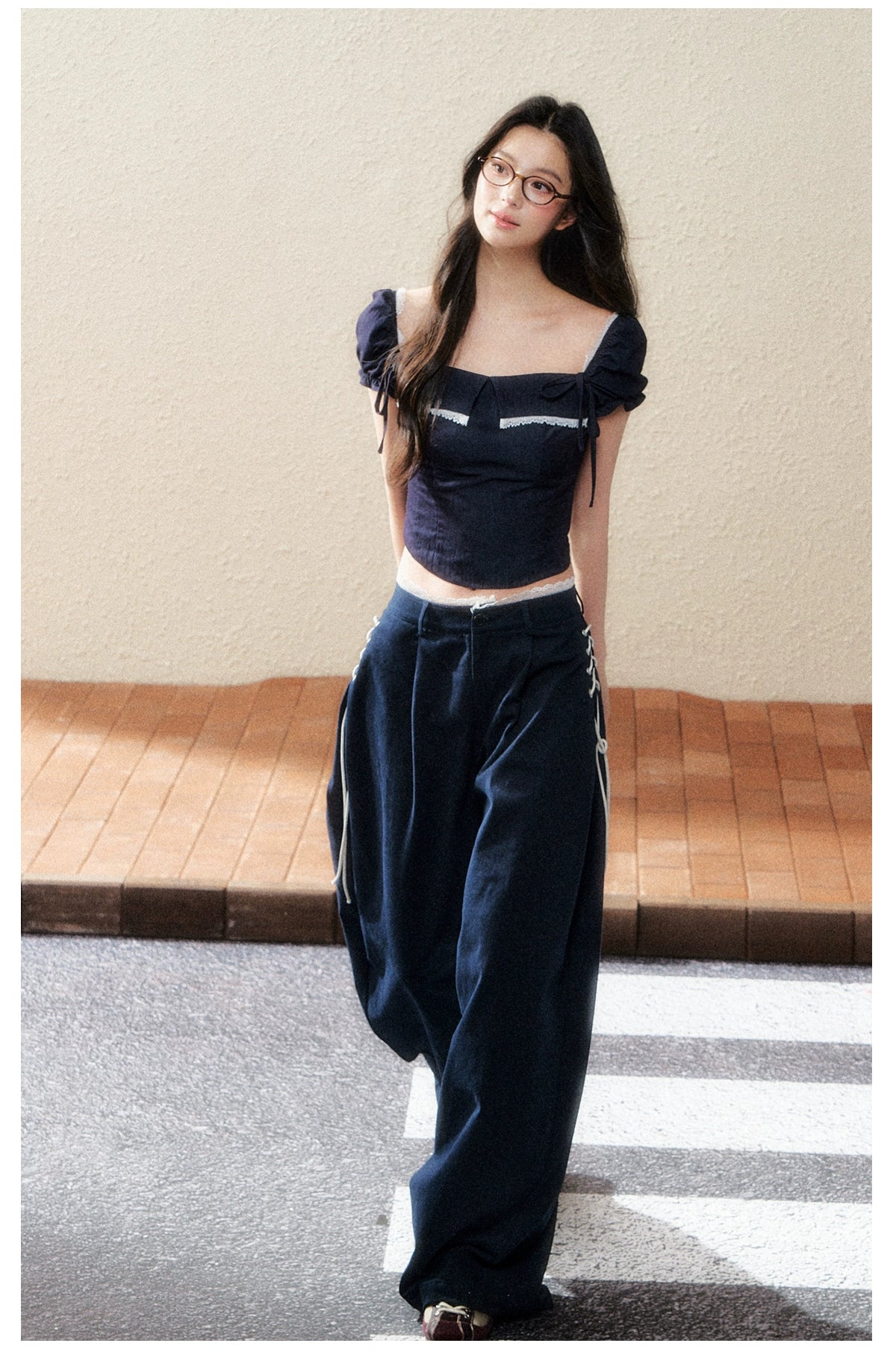 Midnight Square-Neck Puff Sleeve Crop Blouse - CHINASQUAD