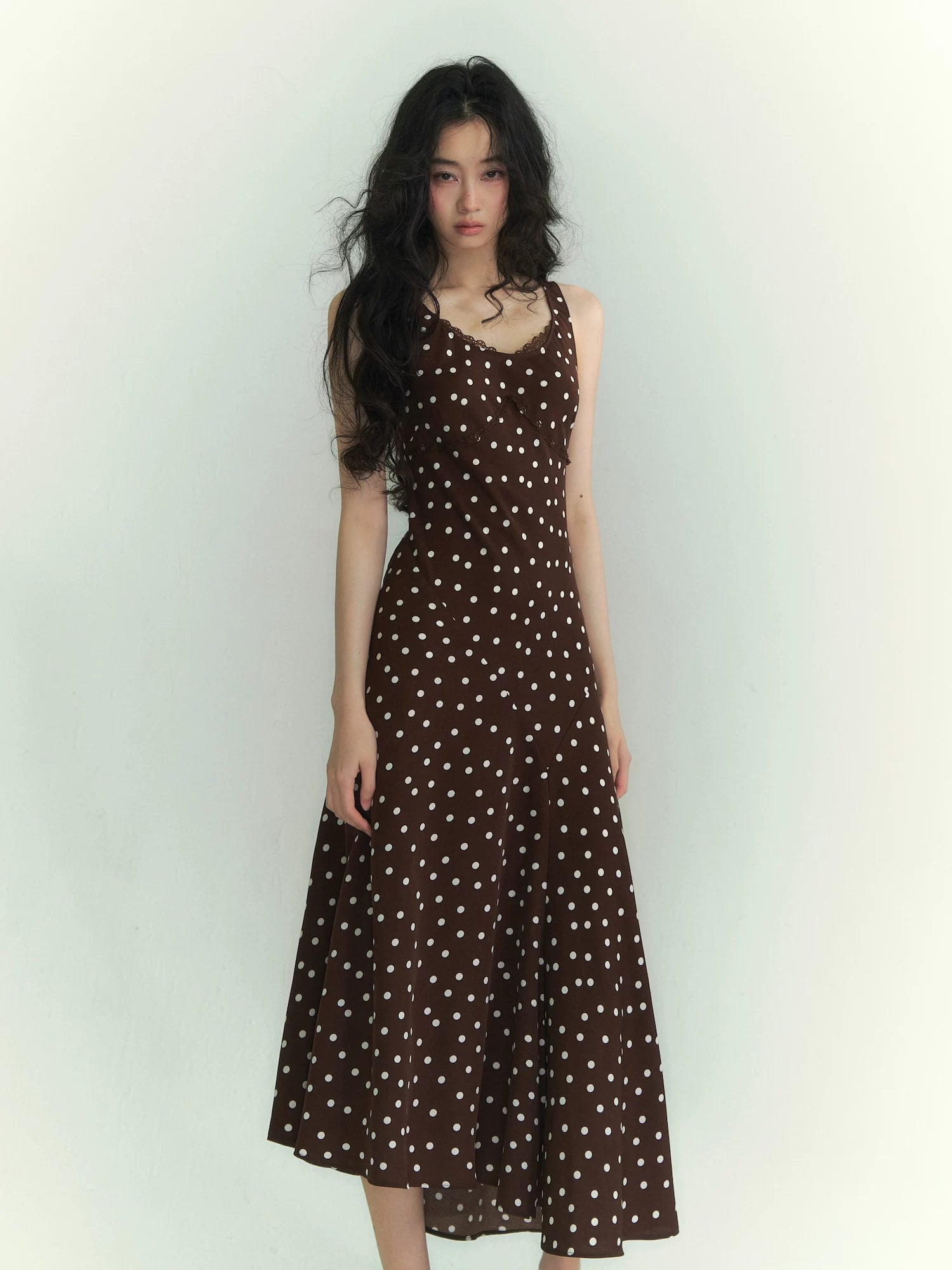Lace-Trim Polka Dot Midi Dress