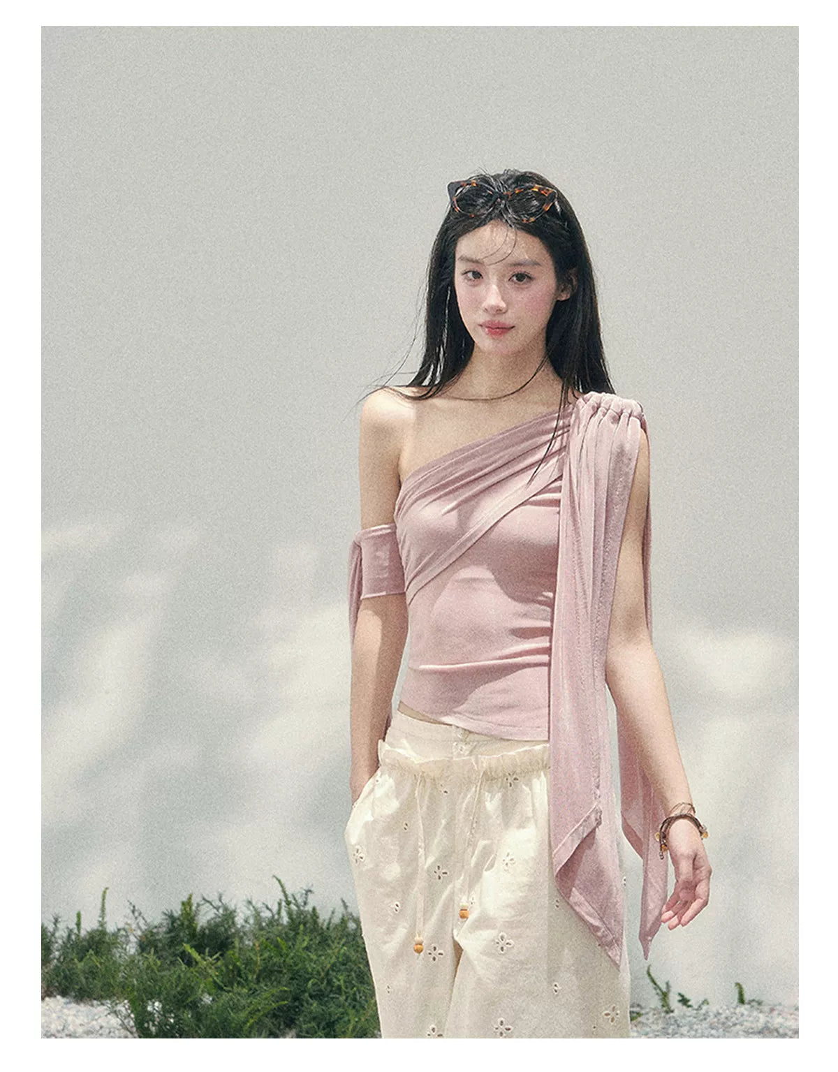 Coral Pink One-Shoulder Ribbon Blouse