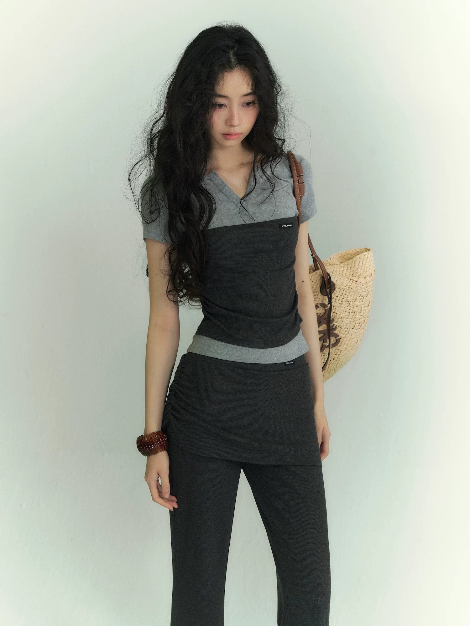 Layered Bandeau-Effect V-Neck Short Sleeve Top & Ruched Panel Lounge Flared Pants Set
