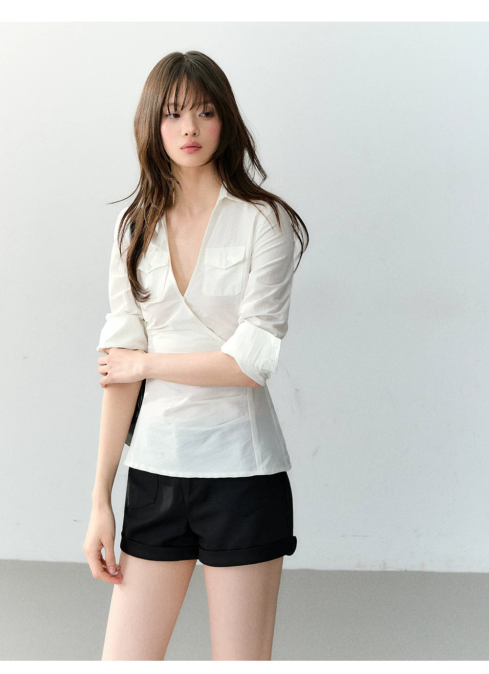 Wrapped V-Neck Plaid Shirt
