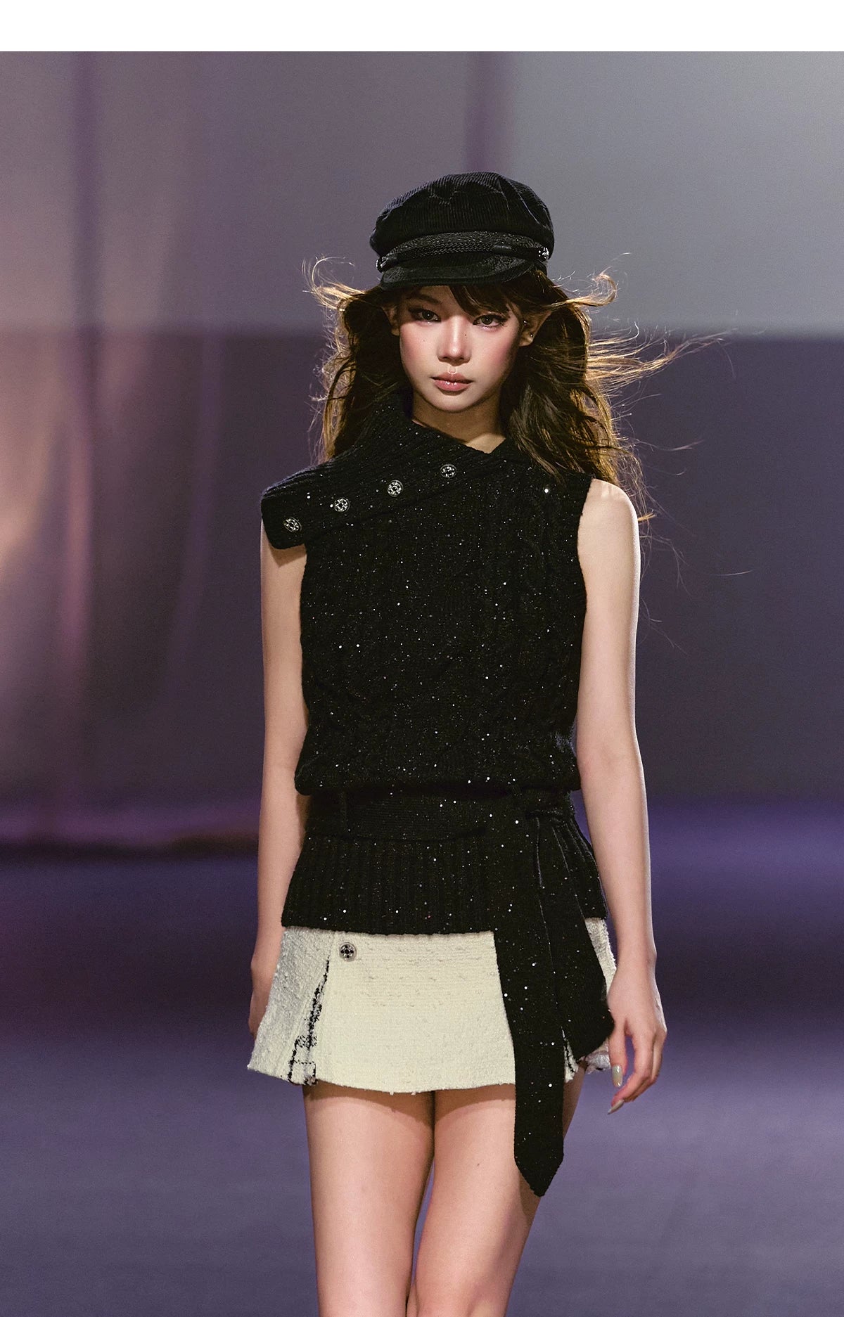 Tailored Double-Breasted Sequin Patchwork Pleated Mini Skirt