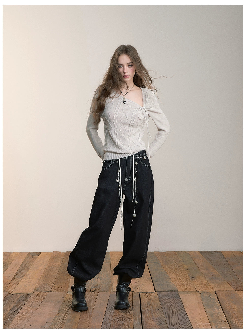 Asymmetrical Tie-Neck Cable Knit Sweater