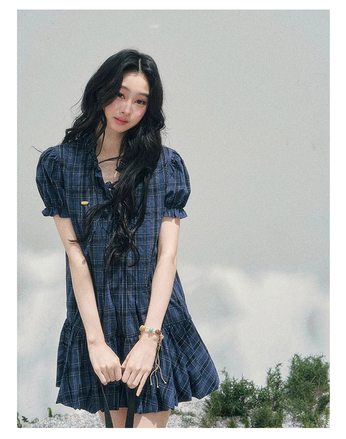 French Plaid Puff Sleeve Mini Dress