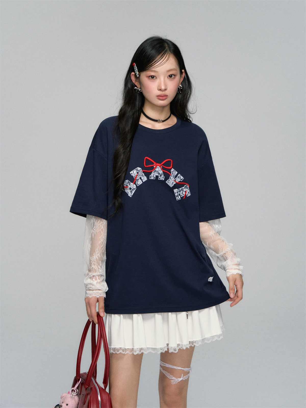 Lace-spliced Alphabet Bow T-shirt - CHINASQUAD
