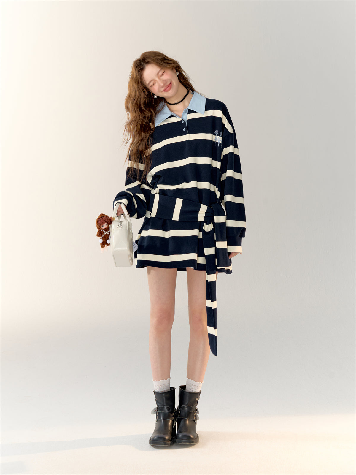 Color-block Rose Embroidery Striped Polo Dress - CHINASQUAD