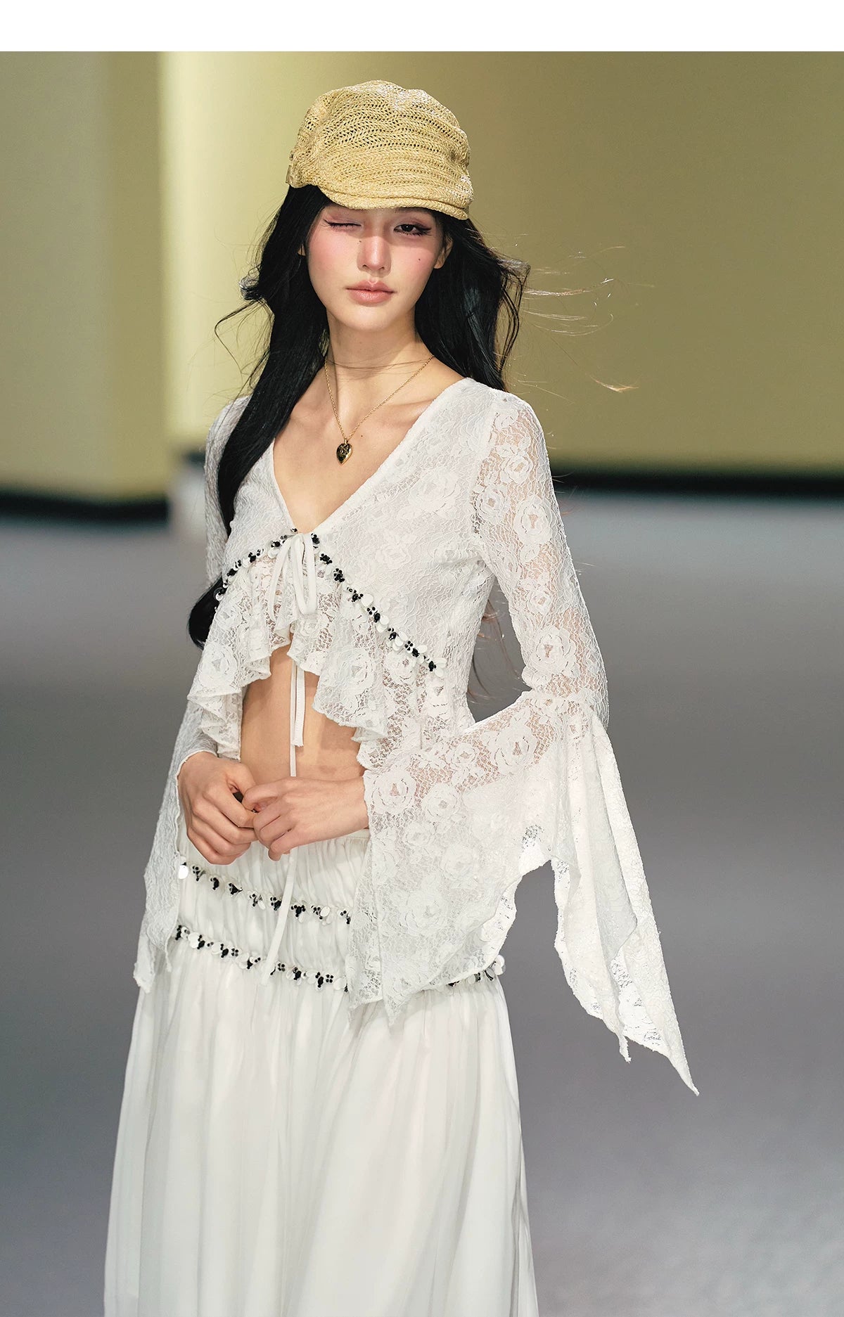 Vintage Sequin Lace V-Neck Blouse& Tulle Skirt Set
