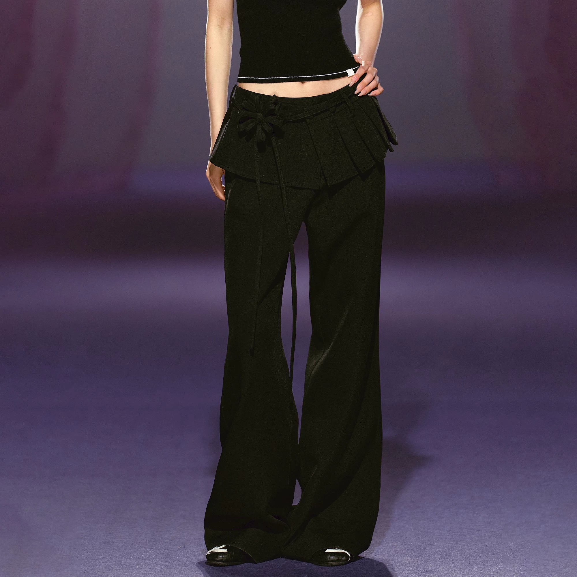 Pleated Faux-Layer Tailored Straight-Leg Trousers