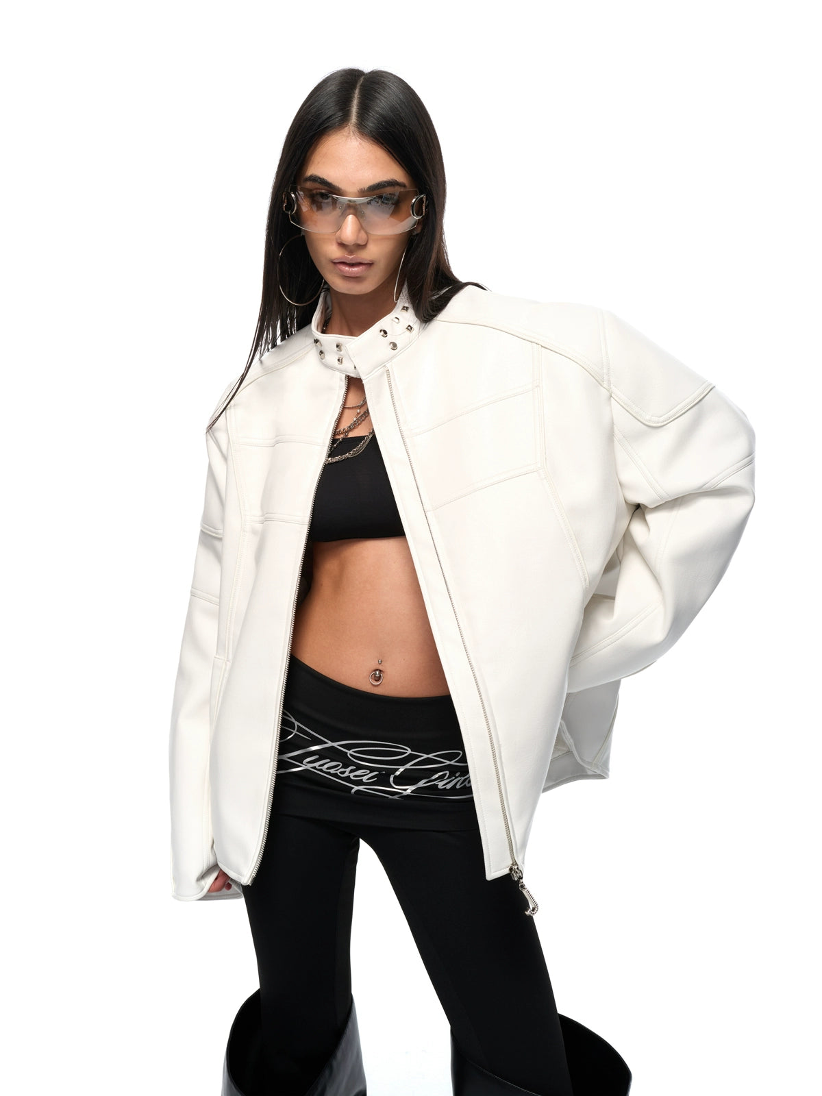 White Studded Stand-Collar Oversized Jacket