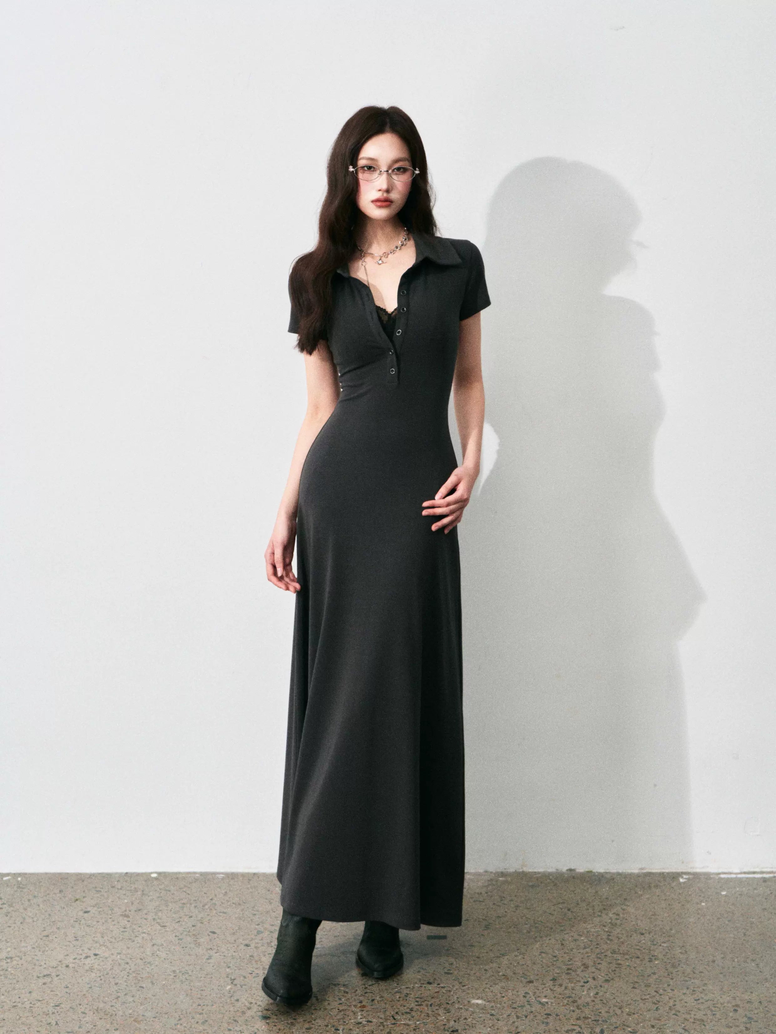 Half-Placket Polo Collar Knit Maxi Dress